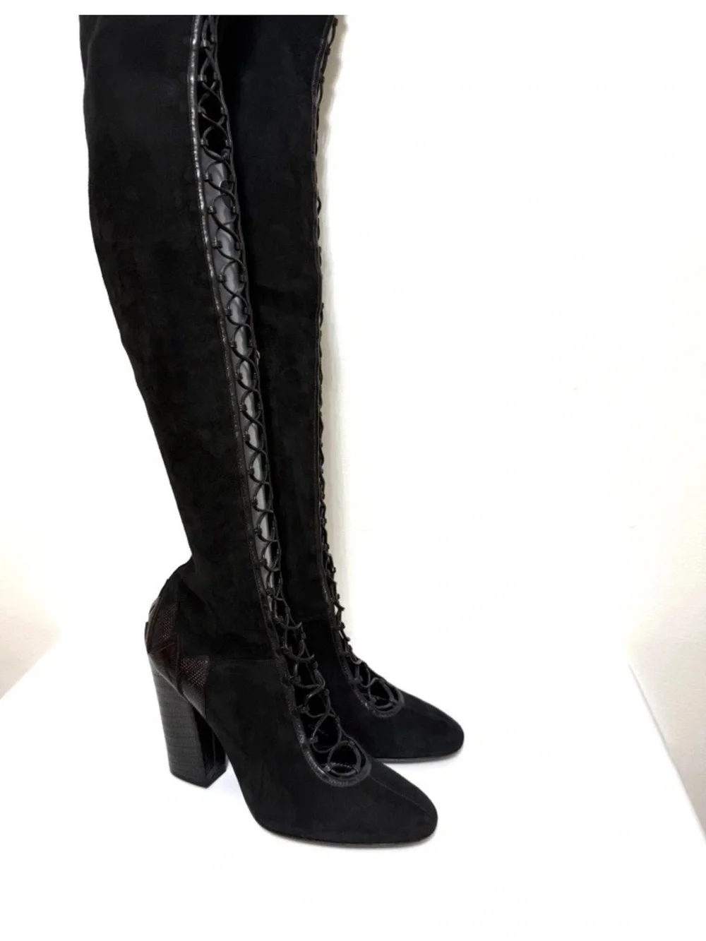 41 US 10 Italy Sergio Rossi Suede Leather Heel Over the Knee High Boots Lace Up